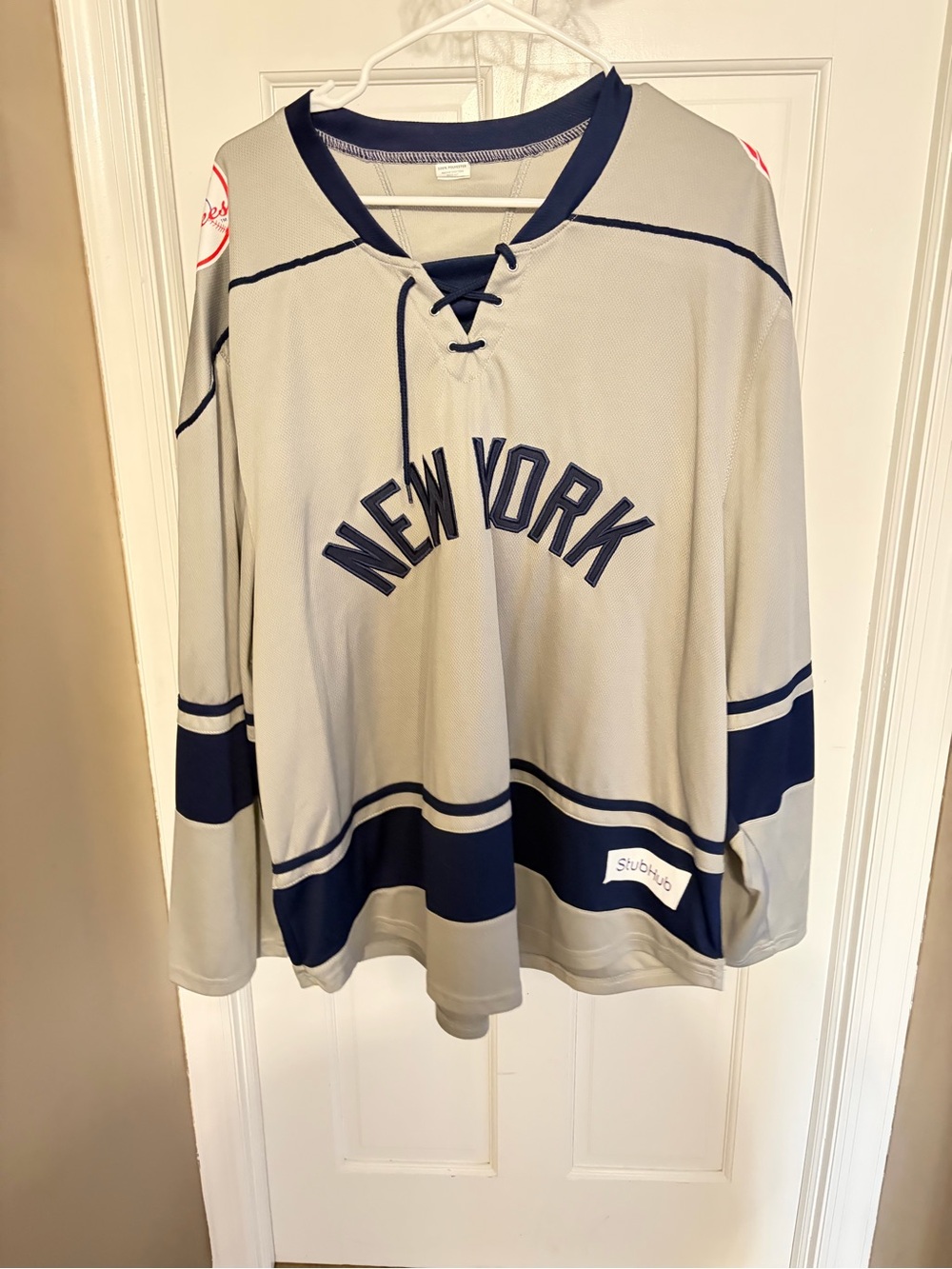 New York Yankees Men's Grey and Navy Hockey Jersey with Lace-Up Neckline